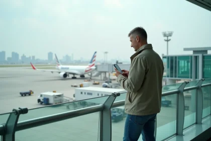 Homme d'âge moyen vérifiant son smartphone à l'aéroport