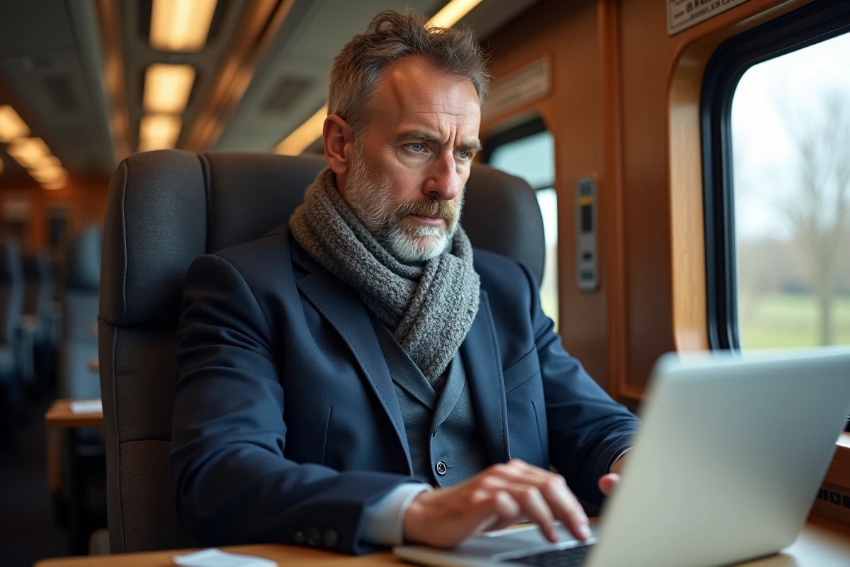 Homme travaillant dans un train en voyage
