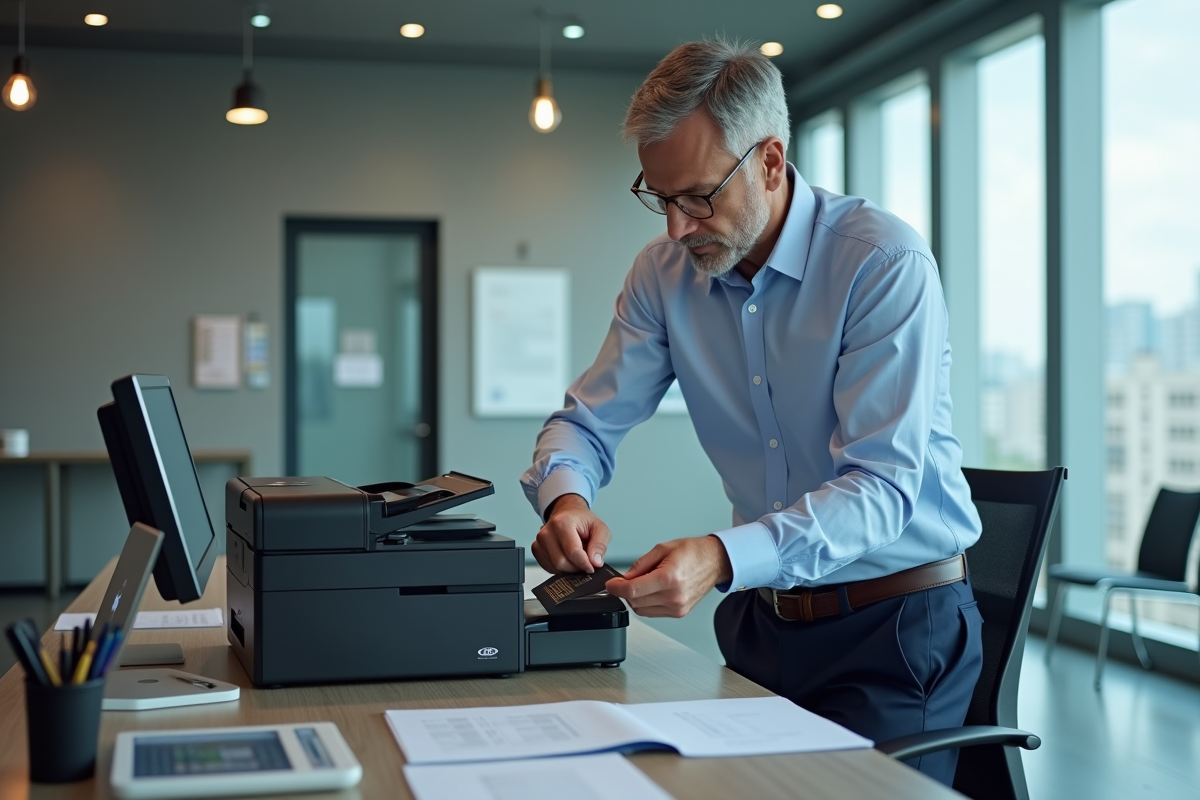 Homme vérifiant son passeport dans un bureau moderne