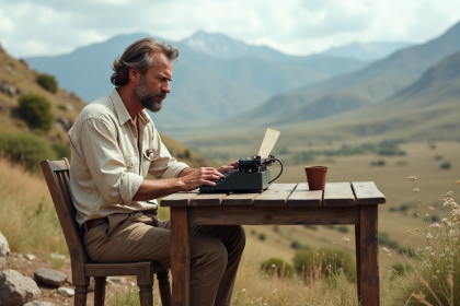 Homme d'âge moyen écrivant à la machine à l'extérieur