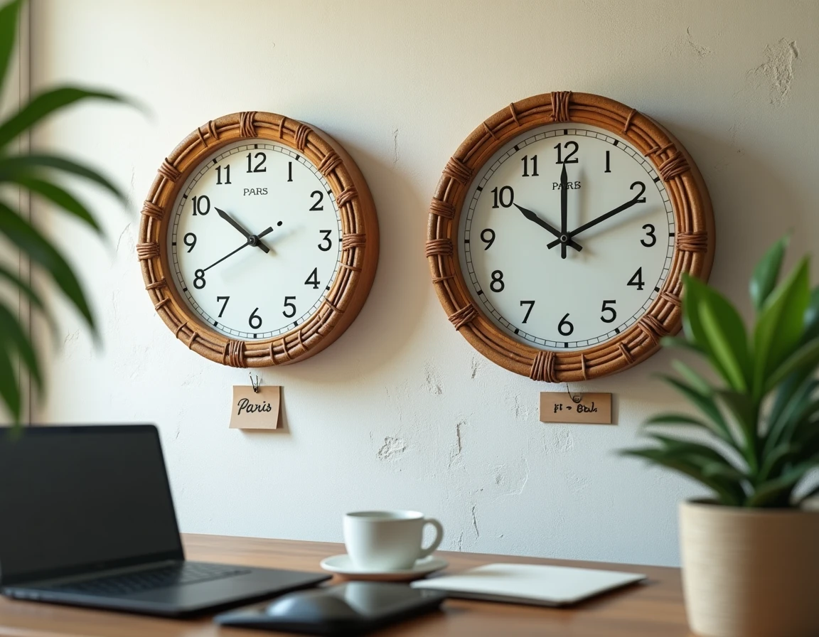 Deux horloges murales indiquant l'heure à Paris et l'heure à Bali avec le décalage horaire noté en dessous