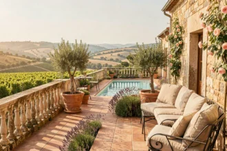 Terrasse ensoleillée d'un hôtel 4 étoiles en Occitanie avec piscine à débordement et vignes à l'horizon