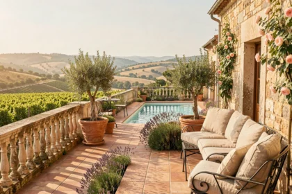 Terrasse ensoleillée d'un hôtel 4 étoiles en Occitanie avec piscine à débordement et vignes à l'horizon