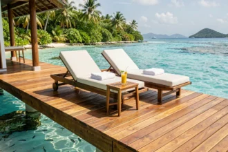 Terrasse de bungalow de luxe sur l'eau dans un hôtel 5 étoiles en Guadeloupe avec vue sur la mer des Caraïbes