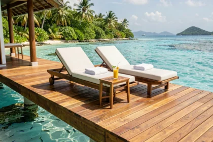 Terrasse de bungalow de luxe sur l'eau dans un hôtel 5 étoiles en Guadeloupe avec vue sur la mer des Caraïbes