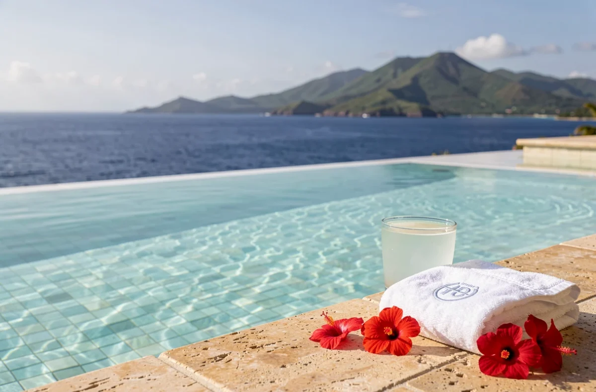 Piscine à débordement d'un hôtel 5 étoiles en Guadeloupe avec vue panoramique sur l'océan Atlantique