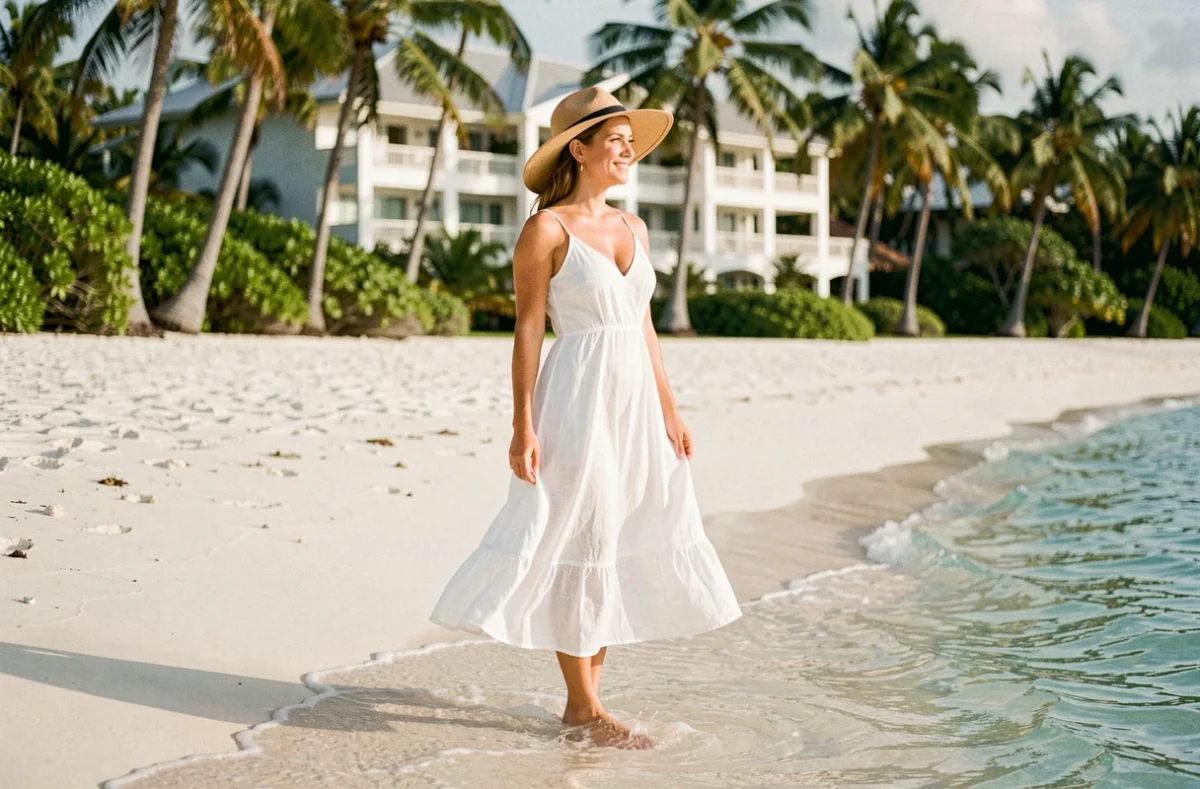 Femme en robe de lin blanc profitant de la plage privée d'un hôtel 5 étoiles les pieds dans l'eau en Guadeloupe