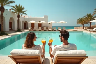 Couple se relaxant au bord de la piscine d'un hôtel all inclusive à Djerba avec vue sur la mer Méditerranée