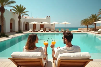Couple se relaxant au bord de la piscine d'un hôtel all inclusive à Djerba avec vue sur la mer Méditerranée