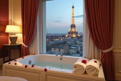Chambre d'hôtel de luxe à Paris avec jacuzzi privatif et vue sur la Tour Eiffel depuis la fenêtre