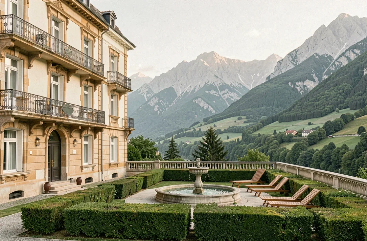 Façade Belle Époque de l'Hôtel Spa Alba à Lourdes avec terrasse jardin et montagne pyrénéenne en toile de fond
