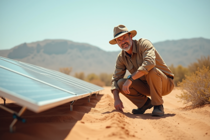 Homme en tenue de travail inspectant des panneaux solaires dans le désert