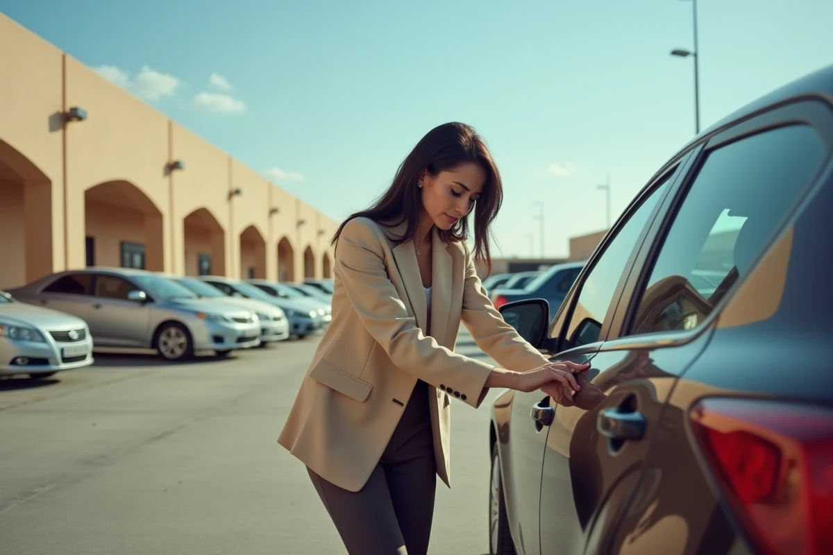 Femme inspectant une voiture de location dans le parking extérieur de l'aéroport Al Massira