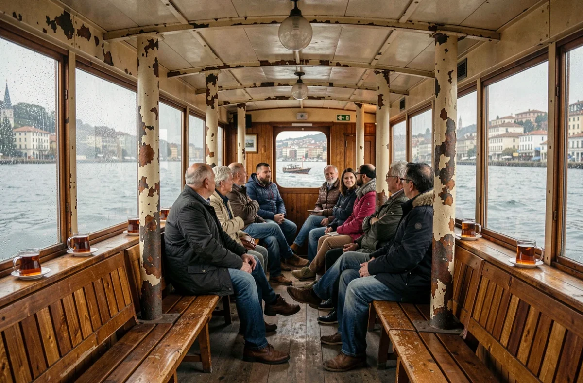 Intérieur d'un bateau de croisière traditionnel sur le Bosphore avec des passagers regardant par les fenêtres