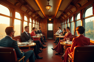 Intérieur d'un train vintage luxueux avec passagers élégants