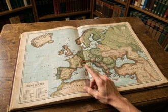 Atlas géographique ouvert sur une carte de l'Europe montrant l'Islande dans l'Atlantique Nord avec une main pointant le pays