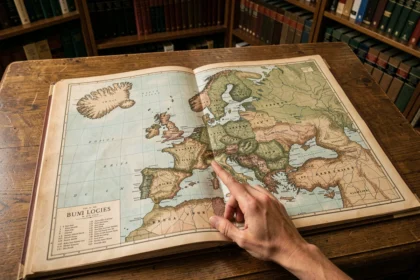 Atlas géographique ouvert sur une carte de l'Europe montrant l'Islande dans l'Atlantique Nord avec une main pointant le pays