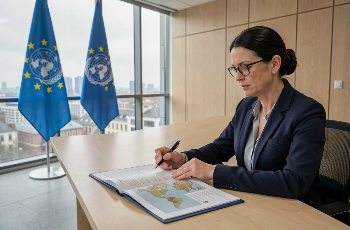 Femme diplomate dans une salle de conférence officielle examinant des documents géographiques avec drapeaux de l'ONU et de l'UE en arrière-plan