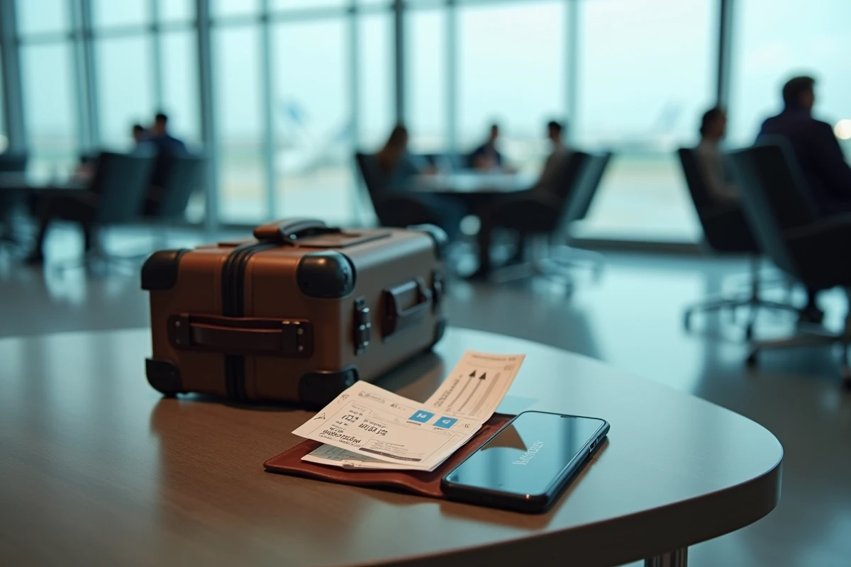 Carte d'embarquement et itinéraire Google Flights multi-destinations affiché sur smartphone dans un salon d'aéroport