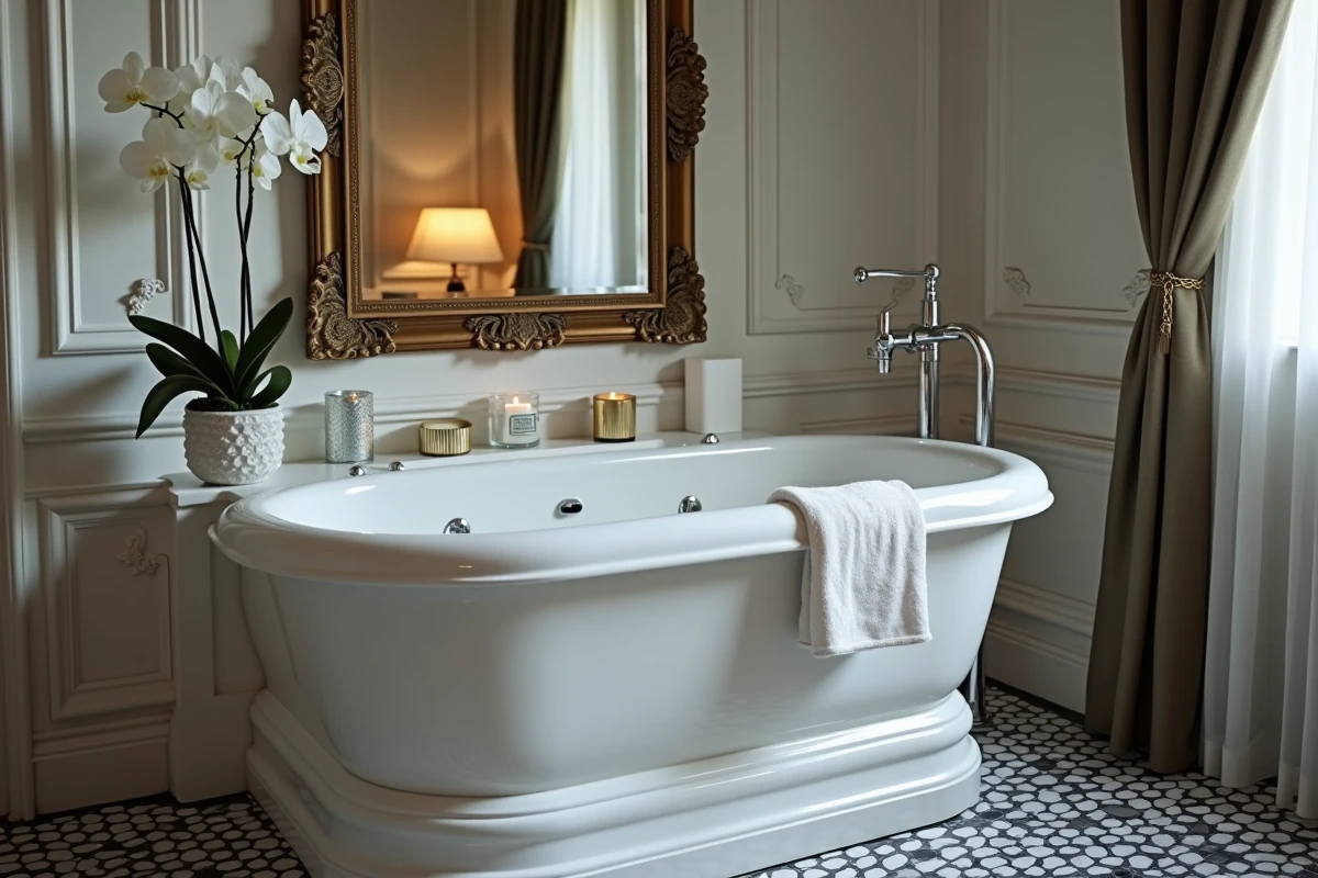 Jacuzzi élégant dans une chambre d'hôtel parisien avec carrelage hexagonal et décoration raffinée
