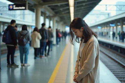 Jeune femme japonaise en streetwear respectueux à la gare