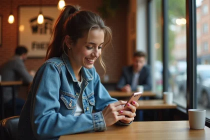 Jeune femme détendue dans un café urbain avec smartphone