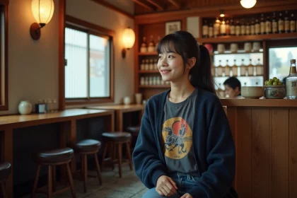 Jeune femme japonaise souriante dans un izakaya convivial