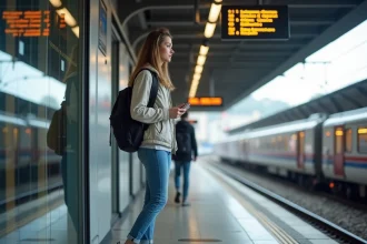 Jeune femme vérifiant l'horaire à Lyon PartDieu
