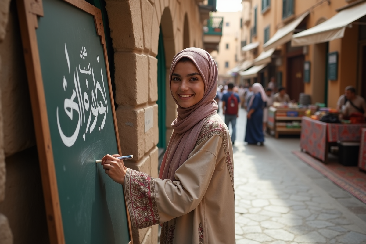 Jeune femme marocaine écrit AlMaghrib sur tableau dans marché