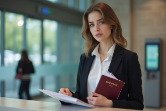 Jeune femme avec passeport à la mairie