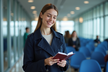 Jeune femme souriante avec passeport dans un bureau officiel