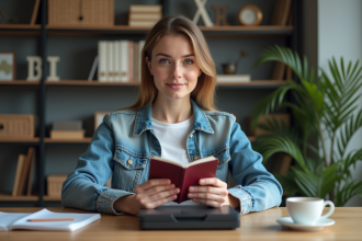 Jeune femme avec passeport au scanner dans un bureau