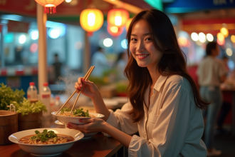 Jeune femme asiatique dégustant un bol de pho dans un marché nocturne