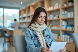 Jeune femme en pharmacie canadienne attendant assise