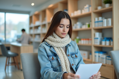 Jeune femme en pharmacie canadienne attendant assise