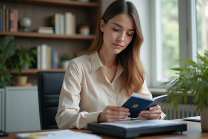 Jeune femme scanne son passeport dans un bureau à domicile