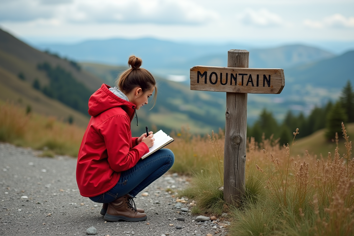 Jeune femme noteuse près d’un panneau de randonnée