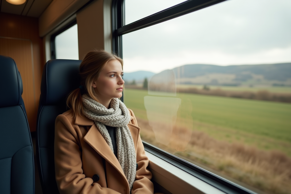 Jeune femme dans un train regardant par la fenêtre