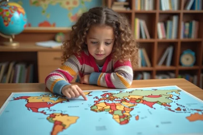 Jeune fille curieuse avec carte du fuseau horaire