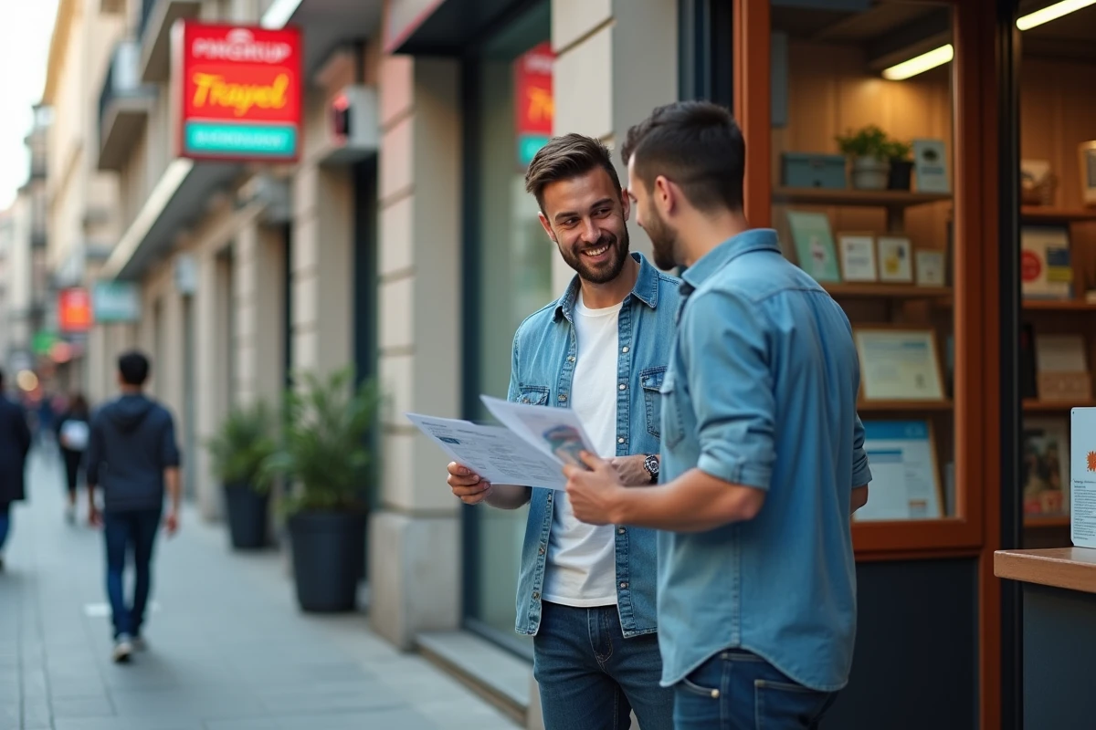 Jeune homme recevant un brochure de visa médical devant une agence de voyage