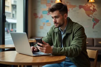 Jeune homme au café recherche des itinéraires de voyage
