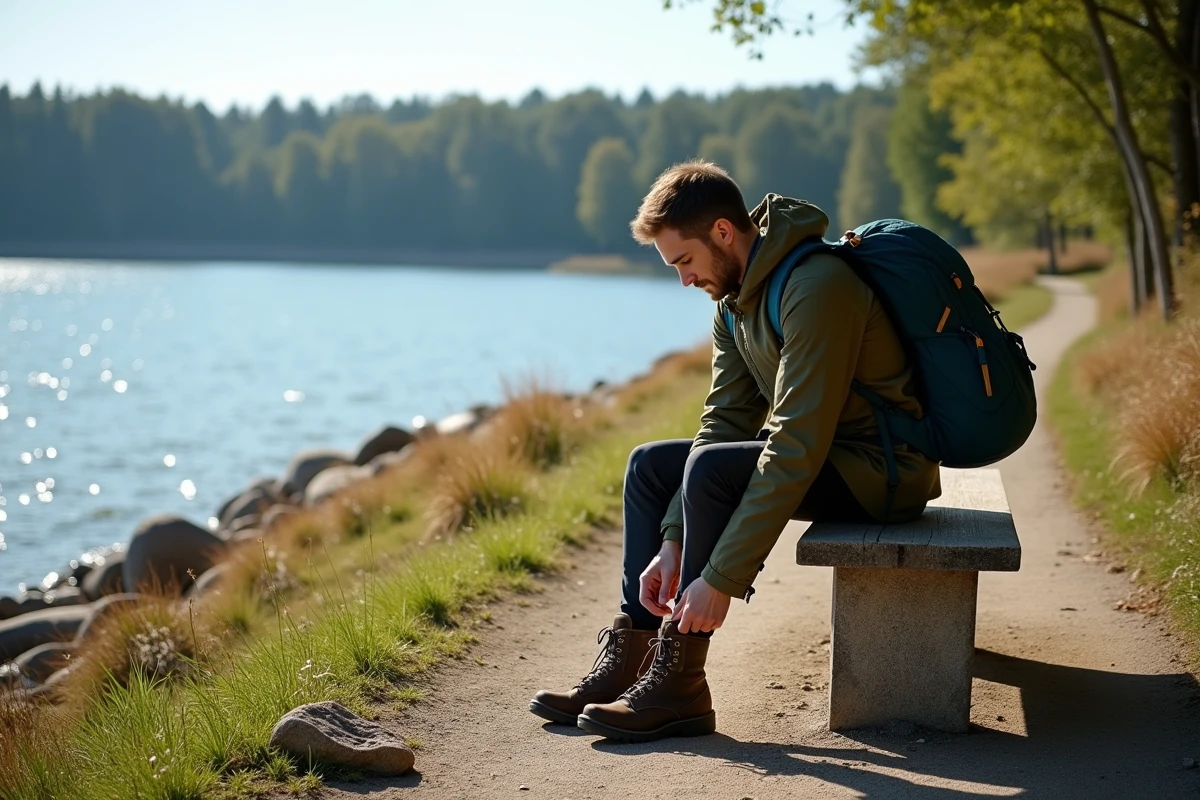 Jeune homme attachant ses chaussures de randonnée au lac