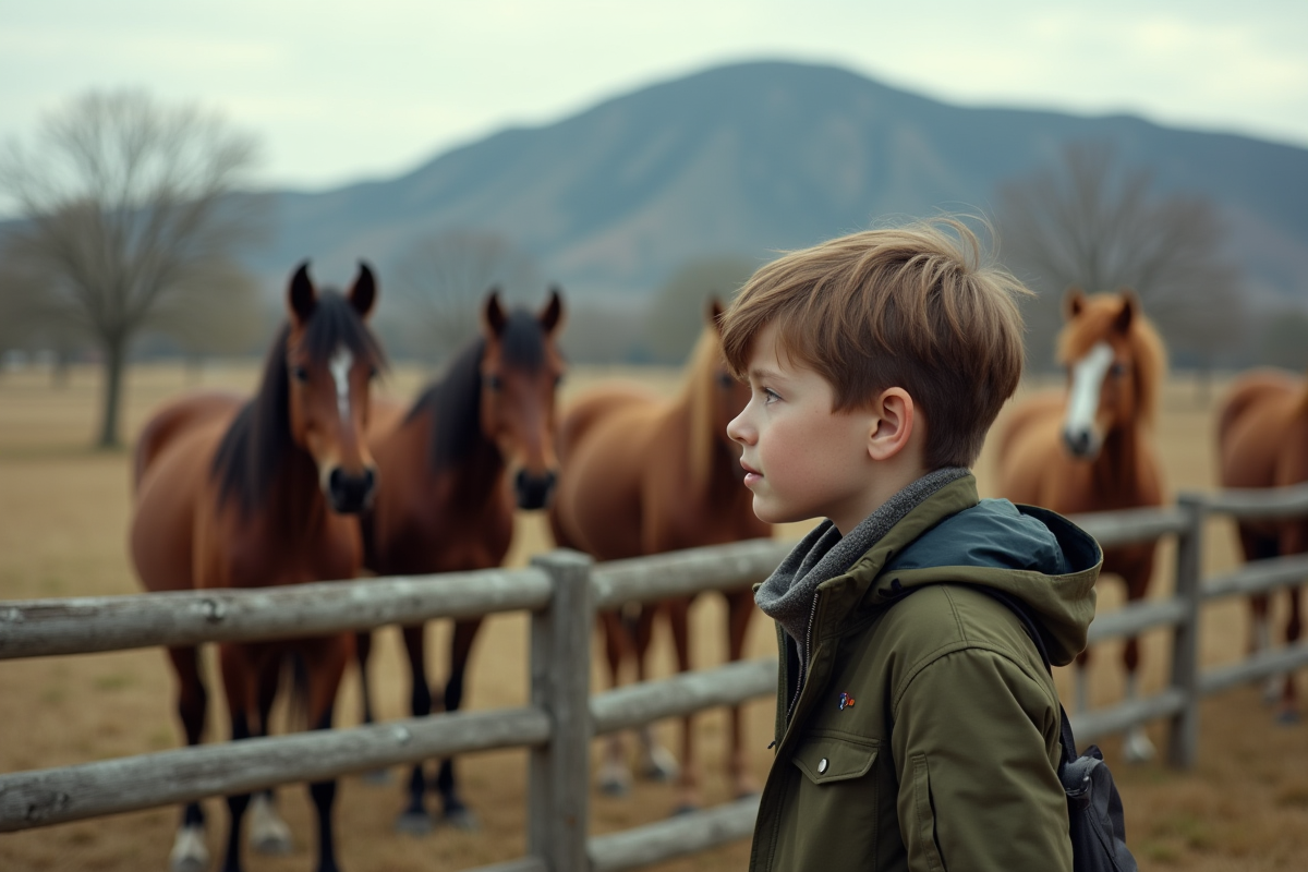 Jeune garçon observant des chevaux dans un paddock rural
