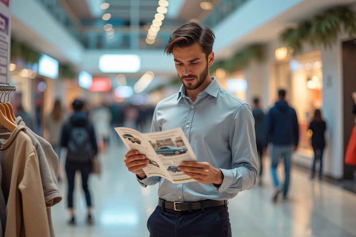 Jeune homme examinant des flyers dans un centre commercial