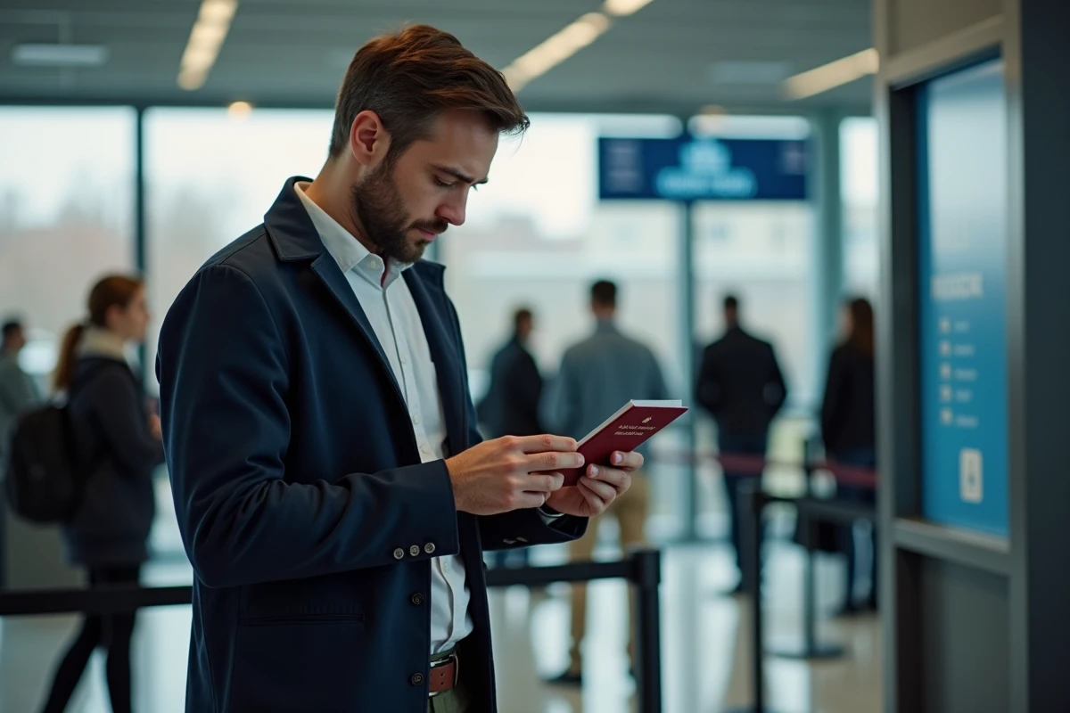 Jeune homme vérifiant son passeport dans un bureau moderne