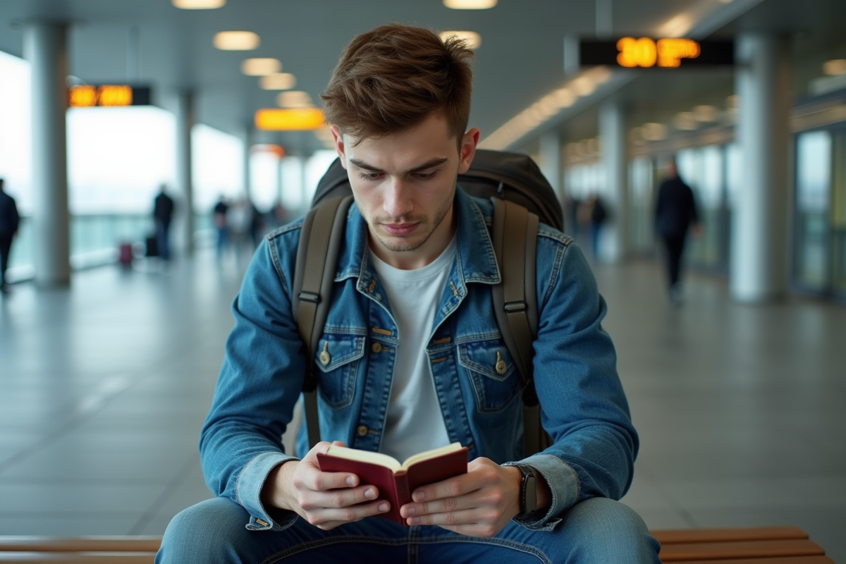 Jeune homme assis avec passeport expiré devant l