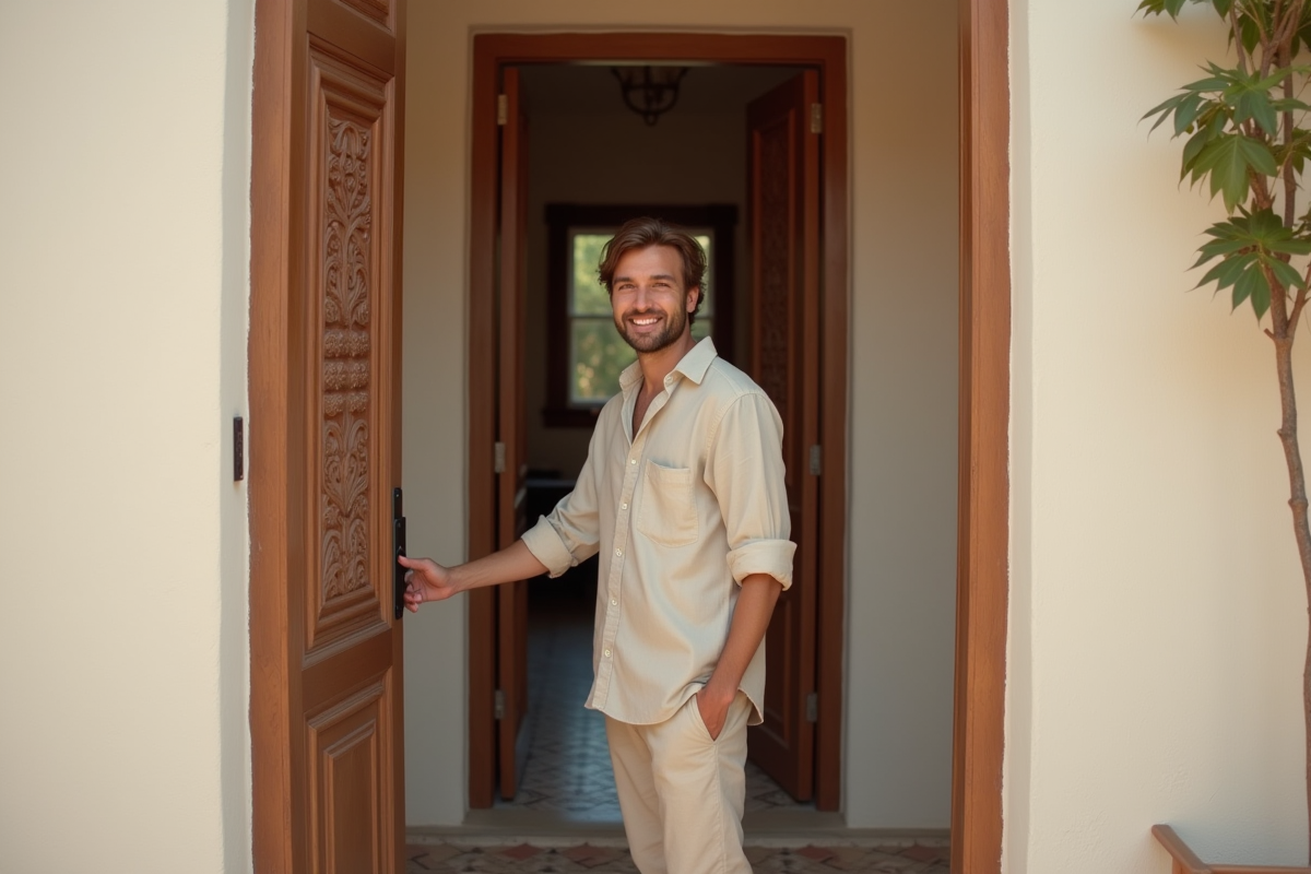Jeune homme souriant devant une porte en dar marocain