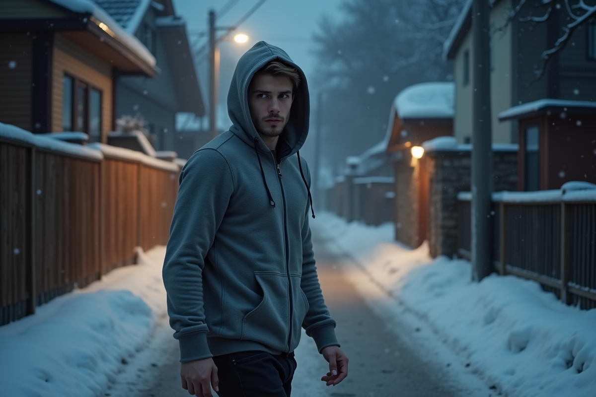 Jeune homme marche dans une rue enneigee la nuit