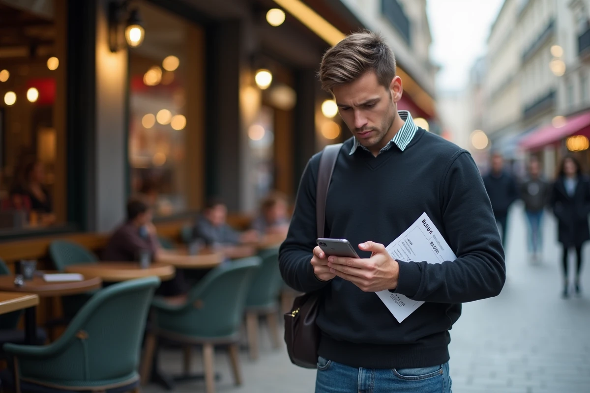 Jeune homme vérifiant ses options de voyage sur son smartphone