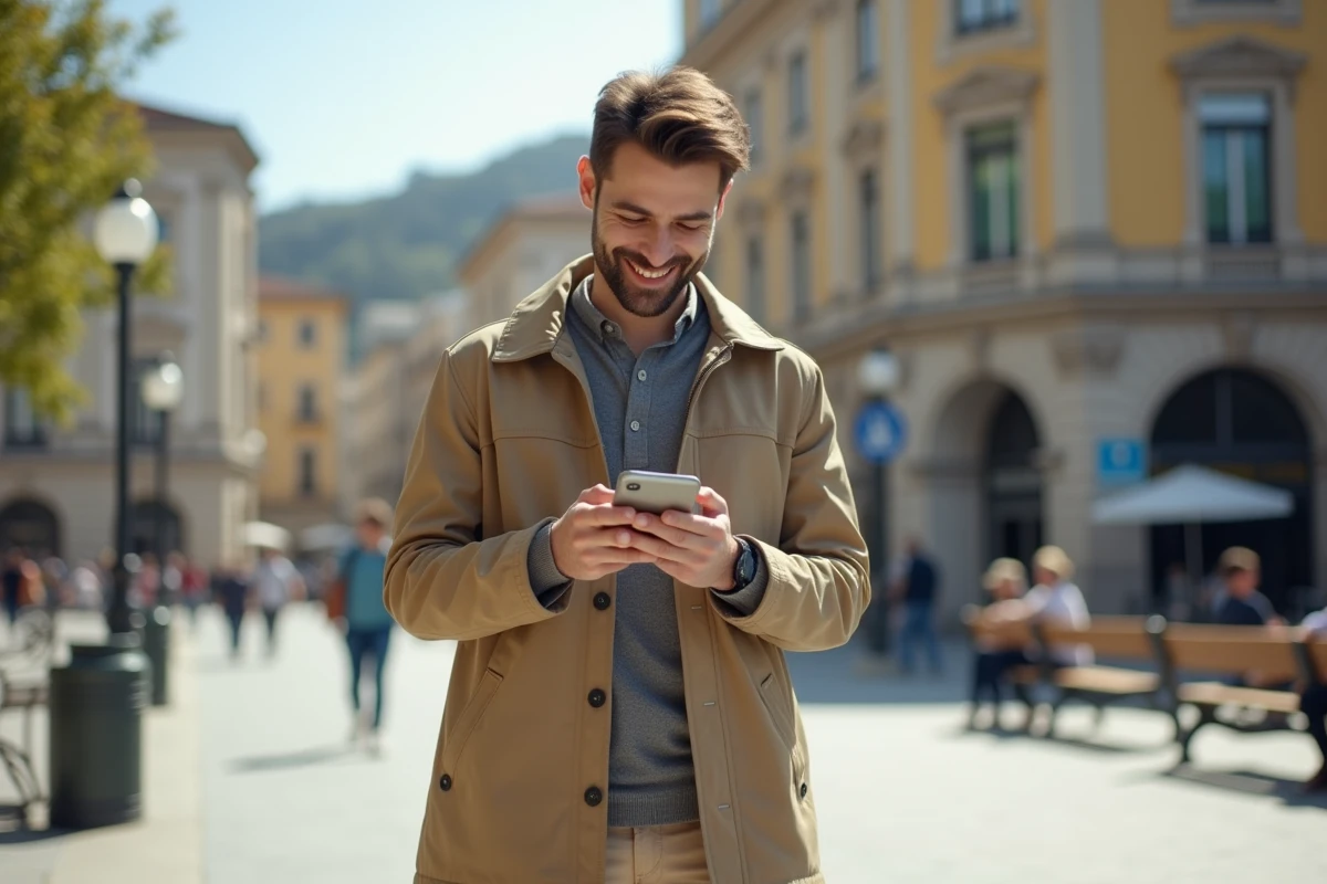 Jeune homme souriant dans une place urbaine avec smartphone